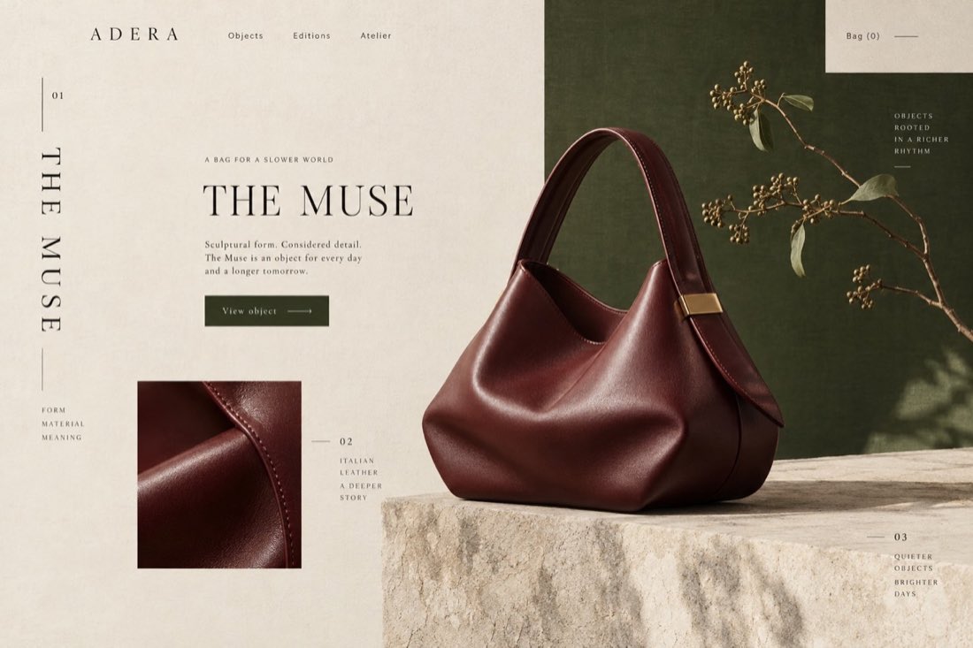 ADERA asymmetric editorial handbag storefront