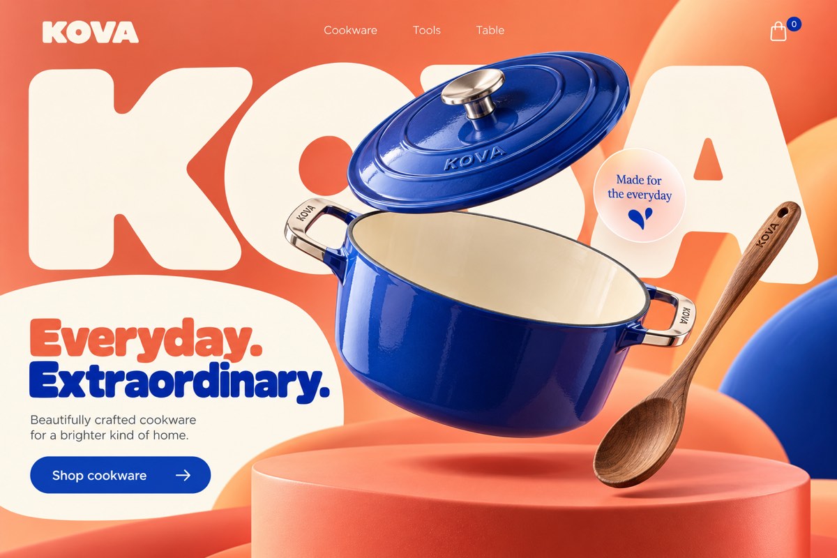 KOVA sculptural 3D cookware storefront in coral and cobalt