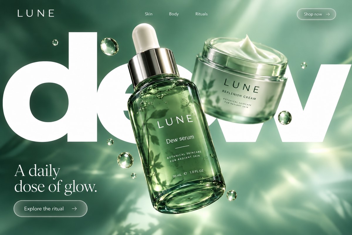 LUNE 3D skincare storefront with floating jade glass products