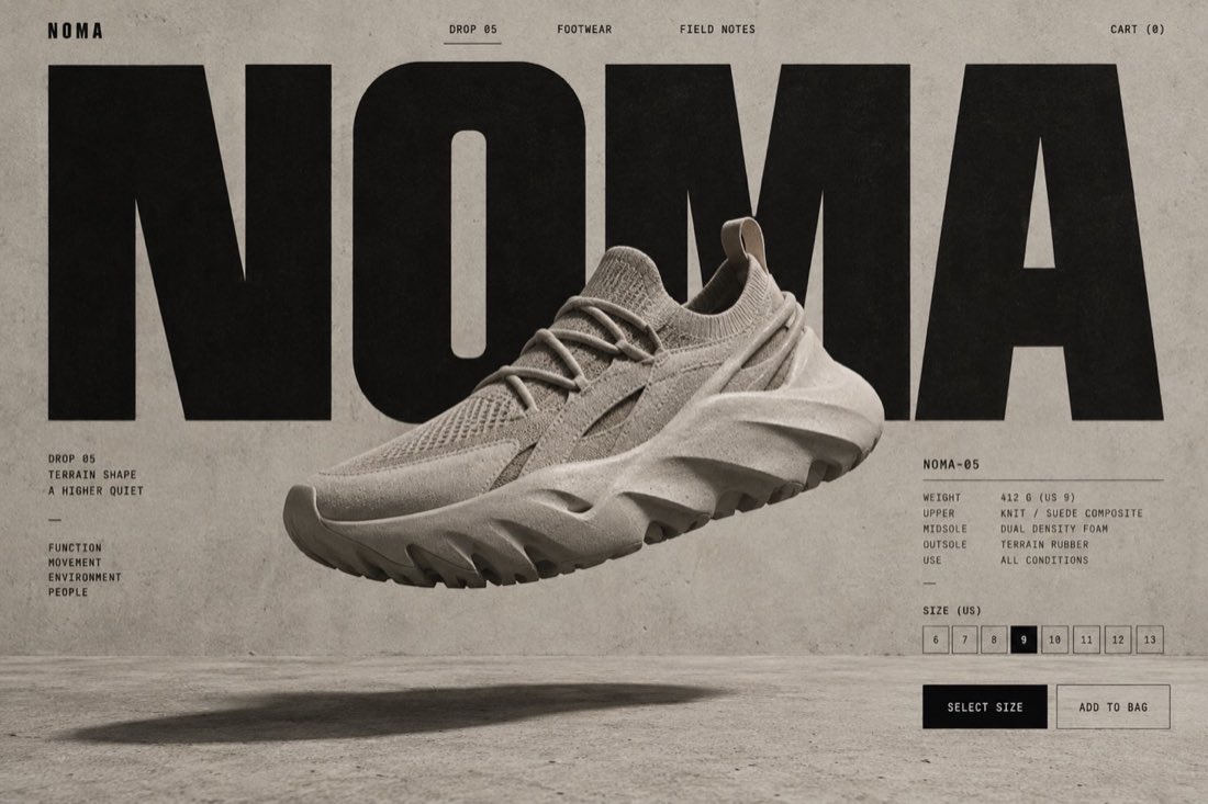 NOMA brutalist footwear ecommerce storefront